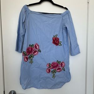 Zara blue pinstriped floral mini dress (off the shoulder)